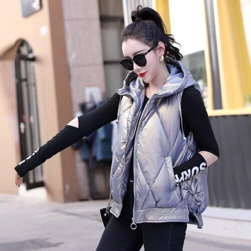 2021 Women Glossy Loose Vest Winter Warm Plus Size 3XL Down Cotton Padded Jacket Female Veats Hooded Sleeveless Waistcoat
