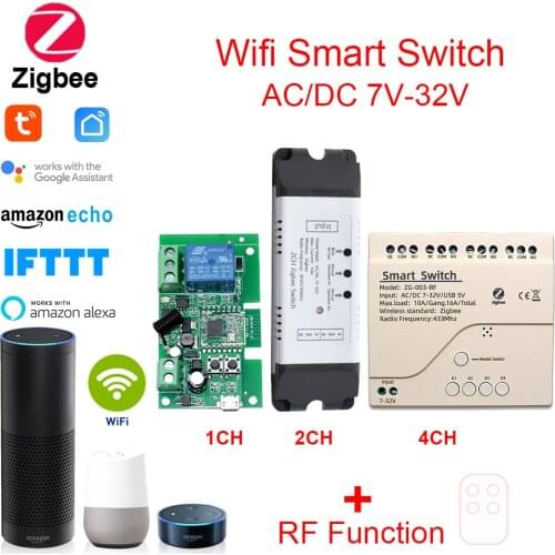 Zigbee 3.0 1ch 2ch Wifi Relay Module DC 12V 24V 7V-32V RF Smart Switch Work with Tuya Smart Life APP Self-locking Inching Mode