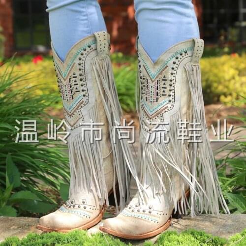 2020 new fall/winter square toe rhinestone tassel thick heel knight boots 43 size foreign trade womens shoes in stock