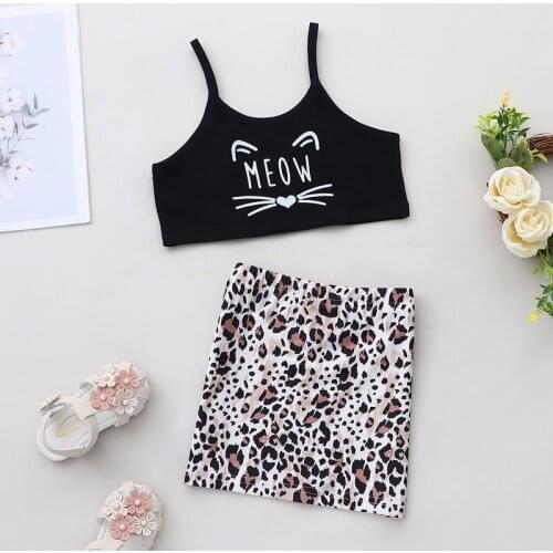 2021 New Girls Outfits Toddler Girl Clothes 2 Pieces Sets Cute Cat Strap Tops+leopard Skirts Baby Girl Clothes Kids Clothes 0-6Y