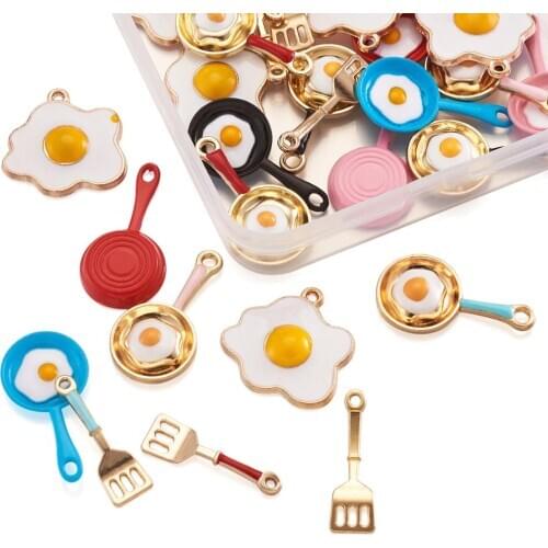 30pcs/Box Alloy Enamel Pendants Pan With Eggs Charms Pink Red Blue Black Gold Color for Bracelet Earring Jewelry DIY Accessories