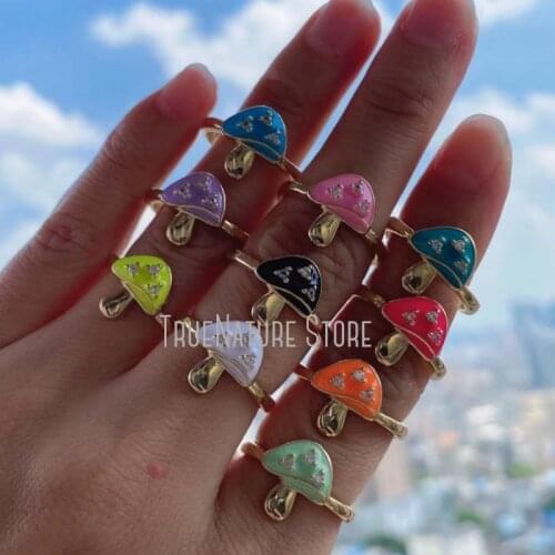 5Pcs RM40049 Adjustable Copper Jewelry Copper Ring Jewelry Gold Plated Enamel Mushroom Colors Gold Plated Ring