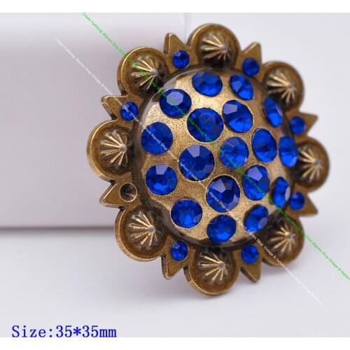 6PC 35MM Western Horse Berry Saddle Leathercraft Belt Luggage bag Accesorries Blue Rhinestone Crystal Concho Button Screwback