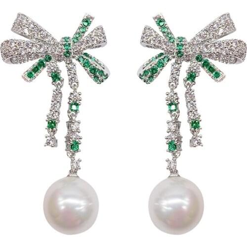 |Brand Jewelry Statement Pearl Butterfly Earrings for Women Micro Pave CZ Long Dangle Earings 2021 New Trendy Wedding Earrings