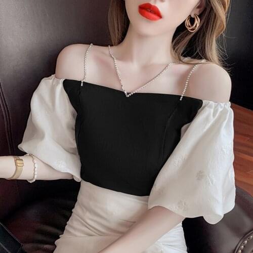 COIGARSAM Short Shirt Womens tops New Summer Puff Sleeve Zipper V-Neck Women shirts White Black 020