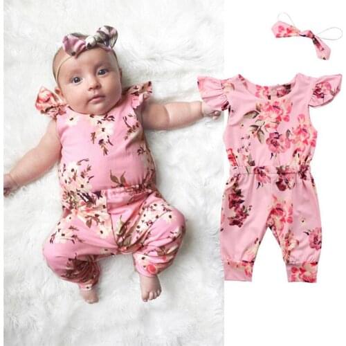 Kid Newborn Summer Clothes Toddler Baby Boy Girls Sleeveless Floral Cotton Romper+Headband Outfits Sunsuit Casual Ruffle Clothes