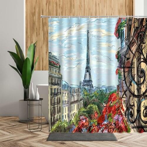 Paris Building Shower Curtain Set Tower Street Scene Creative Printed Bathroom Bath Decor Waterproof Europe Living Room Curtains