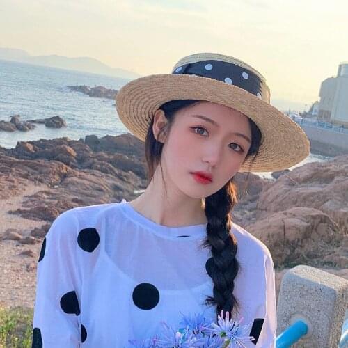 French Polka Dot Straw Hat Women Summer&autumn Vacation Outing Flat-top Big Eaves Straw Visor Hat All-match Sun Hat