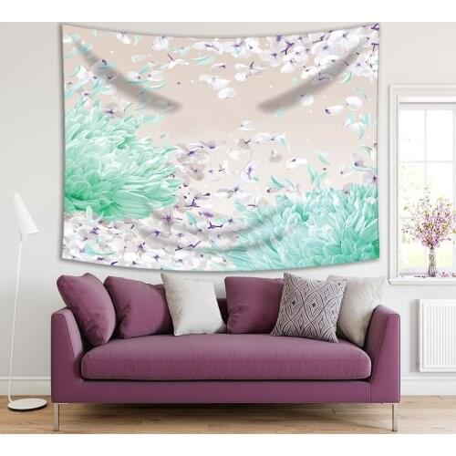 Tapestry Hydrangea Flowers Apple Blossoms Flying Petals in Spring Wind Nature Scenery Green White Beige