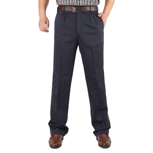 Middle-aged Cotton Pants Men Spring Autumn Mid Thick High Waist Solid Casual Pants Straight Loose Mens Trousers Plus Size 44 46