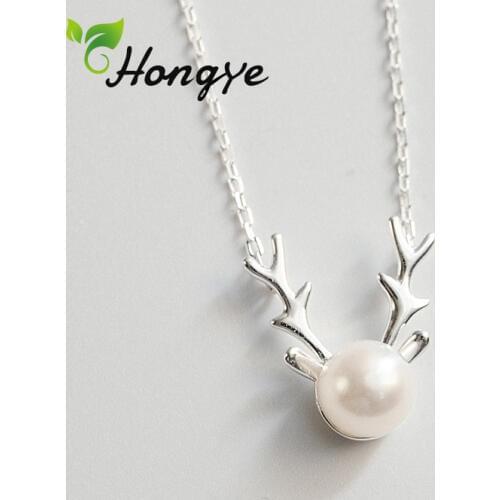 Hongye Christmas Deer Pendant Necklaces Elegant Choker Freshwater Pearls Neck Chain 925 Sterling Silver Jewelry For Mom FriendS
