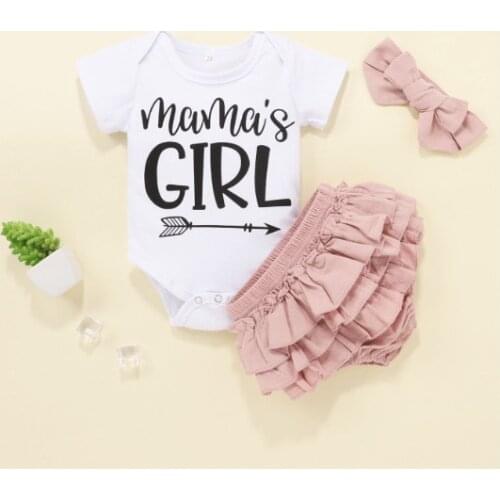 2021 Infants Newborn Baby Girls Clothes Sets Letter Print Short Sleeve Romper Tops +Shorts +Headband 3pcs Summer Clothing Set