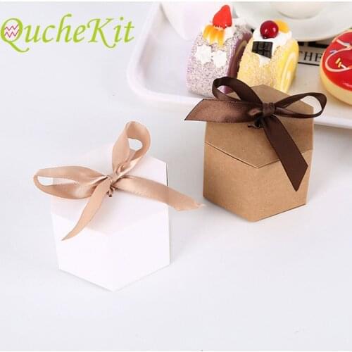 20Pcs Hexagonal Kraft Paper Packaging Box Biscuit Wedding Birthday Baby Shower Party Candy Gift Boxes with Ribbon