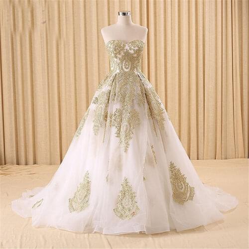 Sweetheart A-Line Wedding Dresses With Gold Lace Appliques Lace Up Back Bridal Gowns Formal Ladies Wedding Wear