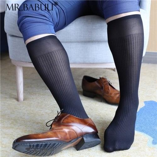 Mens straight pinstripe soft nylon stretch mid-tube long-tube business suits high stretch mens nylon stockings