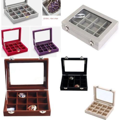 12 Grid Velvet Glass Jewelry Ring Display Organiser Box Tray Holder Earrings Storage Case Multi Colors Choose