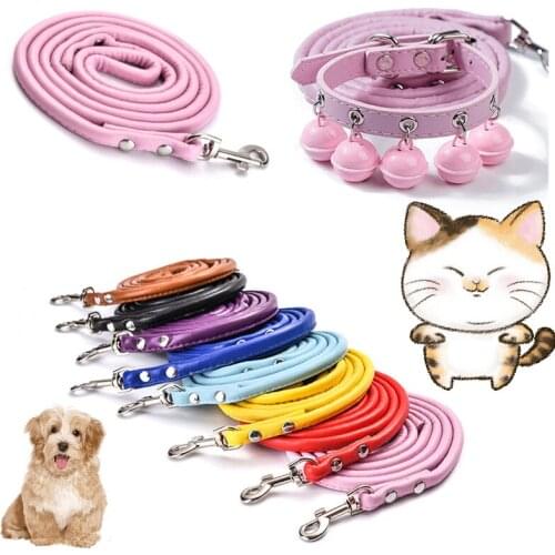 Pet Collar Accessories Cat and Dog Traction Rope Pu Lovely Solid Color Bell Collar Dog Rope Set Dog Collars and Cat small bell