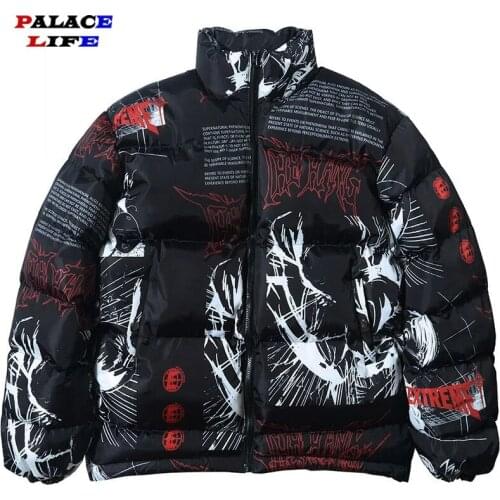 Hip Hop Graffiti Cartoon Anime Print Parkas Mens Streetwear Harajuku Winter Thickend Warm Zipper Padded Jacket Coats Unisex