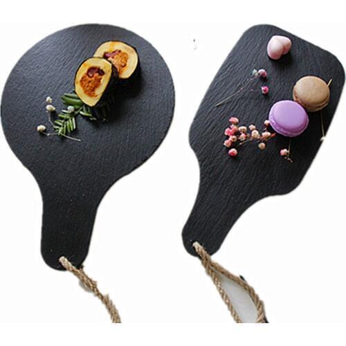 Black Slate Flat Plate stone dish Sushi Seafood Dessert Cake Muse Restaurant Tableware Steak Pizza Cake Handle Cheese food tray