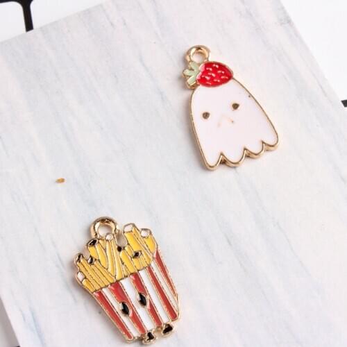 Cute Alloy Enamel Jewelry Charms 10pcs/Lot Gold Tone Oil Drop French fries Pendants Food Strawberry Pudding Floating Pendant DIY