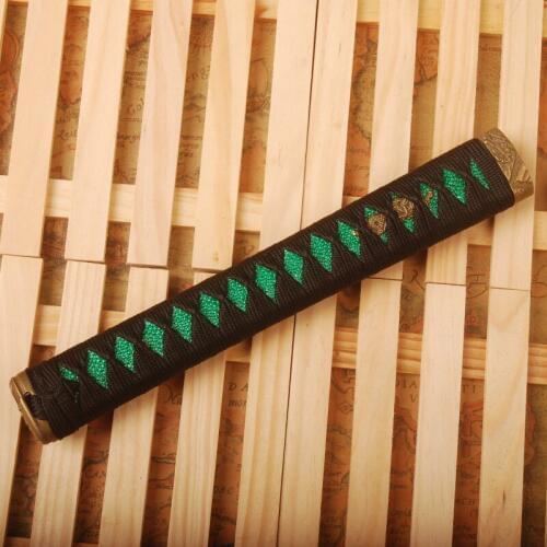 Straight Tsuka Black Silk Ito & Imitated Green Rayskin & Alloy Fuchi Kashira for Japanese Sword Katana Handle HS9