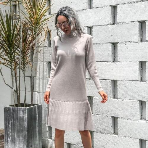 Straight knitted dress women solid warm lantern sleeve ruffles autumn winter sweater dress chic casual work dress 2020