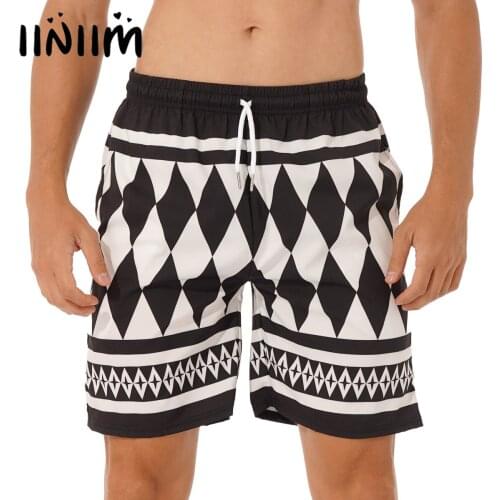 Men Casual Fashion Geometric Print Shorts Nightwear Underwear Drawstring Elastic Waistband Pajama Bottom Summer Swimwear