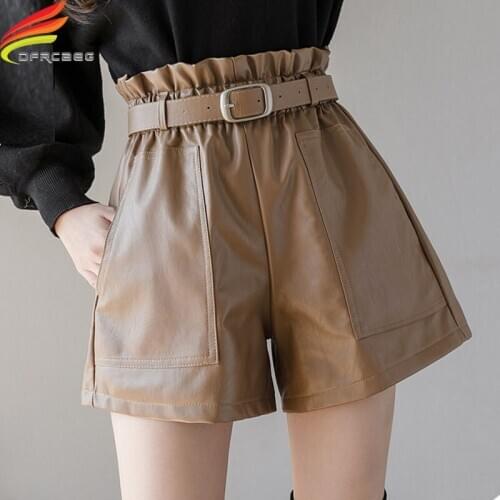 Khaki Or Black Leather Shorts Women Autumn Winter New 2020 High Elastic Waist Wide Leg Pockets Womens Shorts With Belt Hot Sale