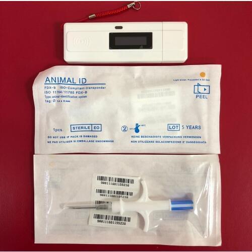 134.2khz Hand Rfid Animal Reader scanner+10pcs 1.4*8mm cat identification EM4305 chip Glass Capsule Tag Injection Syringe