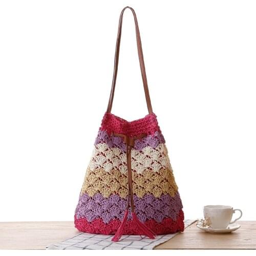 50x42CM Color Stripes Straw Bag Tassel Shoulder Woven Bag Bucket Beach Bag Casual Bag a7235