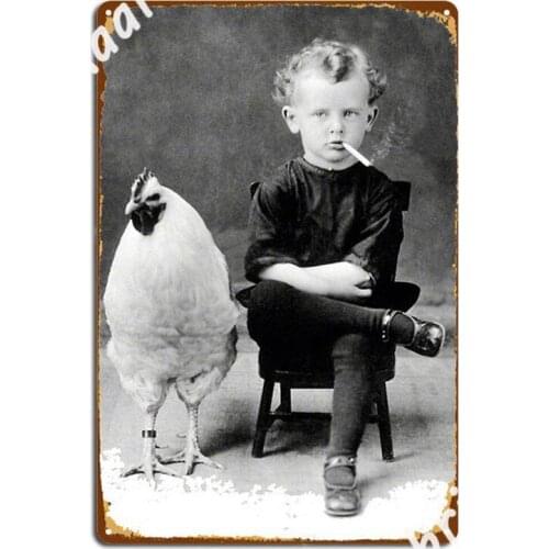 Boy With Chicken Rooster Smoking Cigarette Metal Signs Pub Cinema Decoration Wall Decor Metal Posters