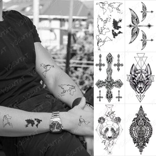 Waterproof Temporary Tattoo Sticker Map Linear Black Cross Wings Panda Wolf Animal Tatto Art Arm Hand Back Tatoo Man Woman Child