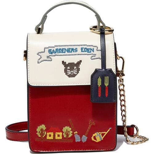 Women Bags Leather Patchwork Embroidery Handbag Girl Shoulder Bag Cross Body Messenger Bag Handmade Art Cartoon Cross Stitch Cat