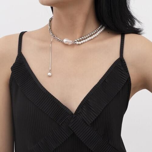 GSOLD New Fashion Simulation Pearl Chain Choker Necklace Simple Geometric Metal Beads Asymmetric Clavicle Chain Women Jewelry