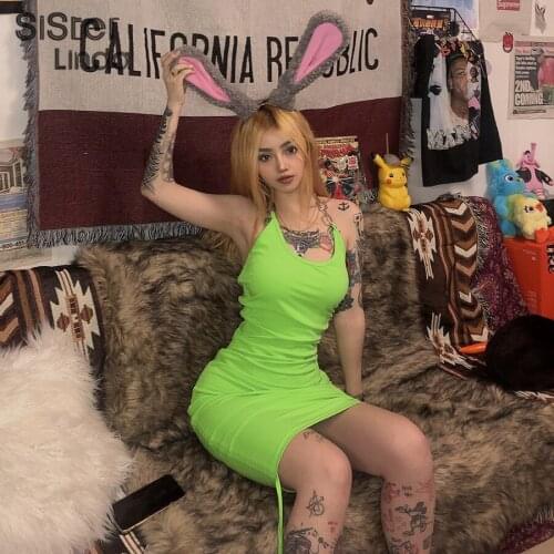 Sisterlinda Neon Green Bow Lace Up Dress Women Hanging Neck Backless Stretchy Bodycon Mini Dress Drawstring Hip Package Vestidos