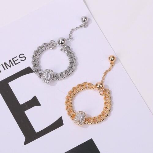 2021 New Trendy Womens Fashion Brass Chain Ring Square Zircon Adjustable Elastic Pull Ring Jewelry Accessory For Daily life