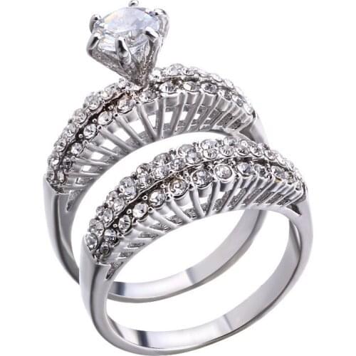 2Pcs/set Luxury Crystal Zircon Wedding Rings For Women Charm Silver Color Shiny Engagement Rings Set Jewelry Accessories Gifts