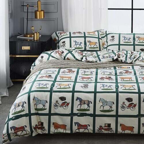 4Pcs 100% Cotton Queen King size Lovely Cartoon Bedding set Animal Duvet Cover Set Bed sheet Pillowcase white blue horse dog