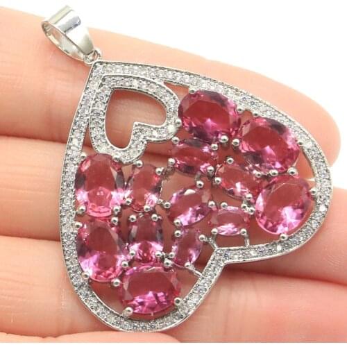 35x18mm Pretty Created Pink Kunzite White CZ Womans Party Gift Silver Pendant