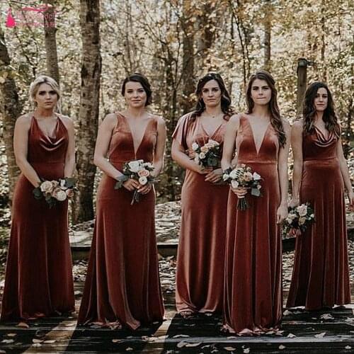 Velvet Bohemian Bridesmaid Dresses 2020 Sexy V-neck Backless Outdoor Countryland Junior Maid of Honor Wedding Party Dress