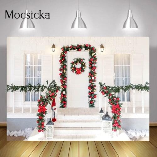 Christmas White Vintage House Backdrop Photography Red Bells Green Wreath Photocall Snow Winter Birthday Party Background Decor