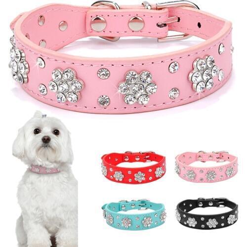 Bling Rhinestone Dog Collars Leather For Small Medium Dogs Adjustable Puppy Dog Chihuahua Collar Crystal Diamante Correa Perro