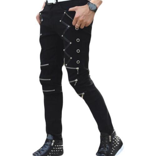 Mens Punk Skinny Pants For Man Cool Cotton Casual Pants Zipper Slim Fit Black Goth Trousers 2018 Autumn New