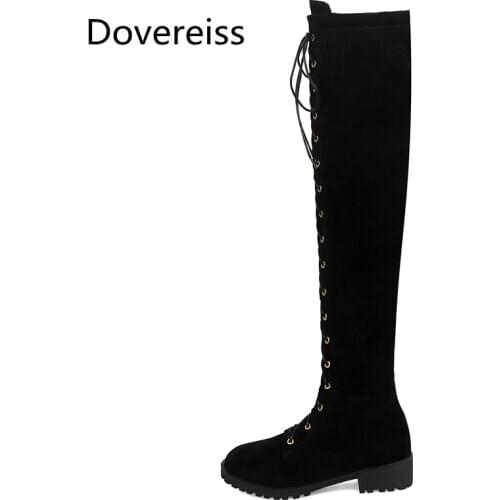 Dovereiss Fashion Womens Shoes Winter Cross tied Elegant Zipper Pure color Block heels Mature Round toe Over the knee boots46