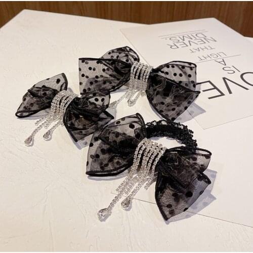 Elegant Dot Bow Hair Clip Band for Women Girls Fairy Yarn Hairpins Crystal Chain Tassel Jewelry Hairgrip Casual Hair Accessories