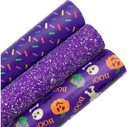 Purple Chunky Glitter Leather Felt Backing Halloween Pumpkins Mummy Sprinkles Printed Synthetic Leather For BOW DIY 21X29CM G547