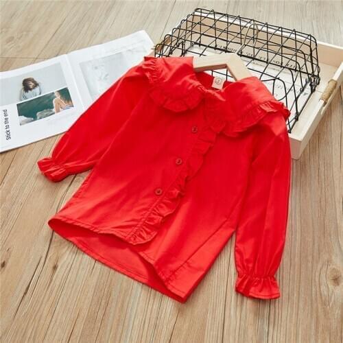 Girl spring and autumn cotton shirt Girl Doll Collar Long Sleeve Solid Color Shirt Girl lace fashion shirt Girl shirt