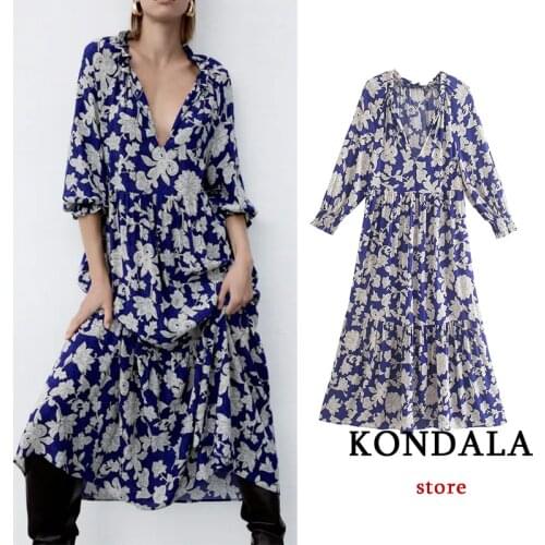 KONDALA Za 2021 Chic Floral Print Vintage Midi Dress Long Sleeve V Neck Ruffles Autumn Dress Elegant Mujer Vestidos
