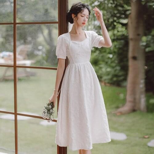 Summer Dress Women 2021 New French Three-dimensional Jacquard Fashion Chic V-NeckPearl Edge Ladies White Elegant Dresses