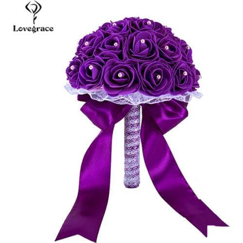 Lovegrace Wedding Bouquet Bridal Bridesmaid Holding Flower Artificial PE Rose Fake Pearls Bouquet Blue Marriage Wedding Supply